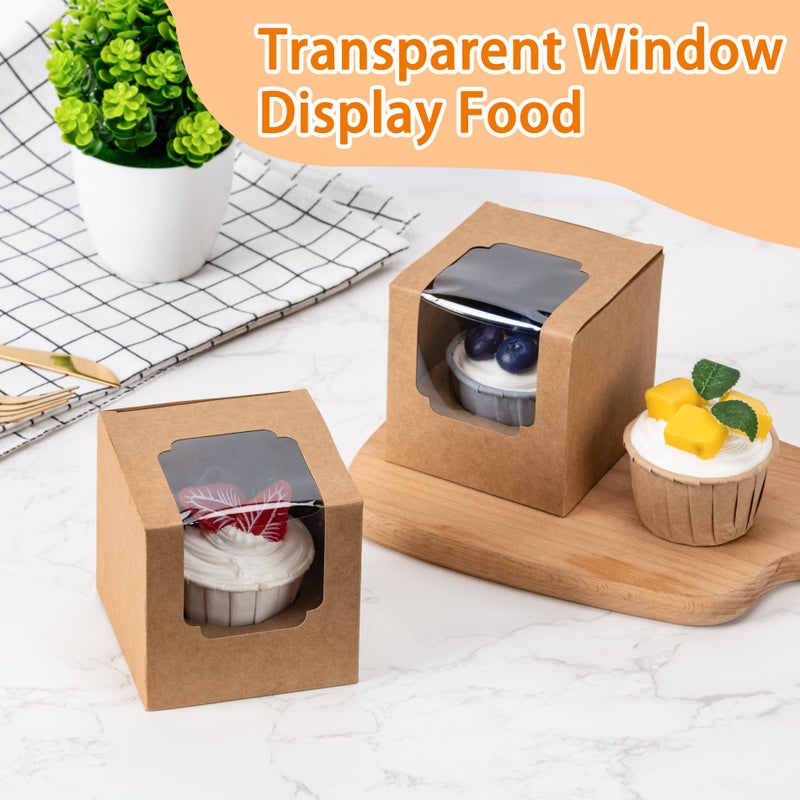 BOOMIBOO 50 Pack Individual Cupcake Containers, Cupcake Boxes with Window, Food Grade Cupcake Holders with Inserts, Stackable Deep Cupcake Carrier Easy Transport and Presentation (Brown) - Image 3